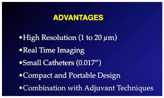The advantages of OCT incuding resolution, acquisition rate, catheters.